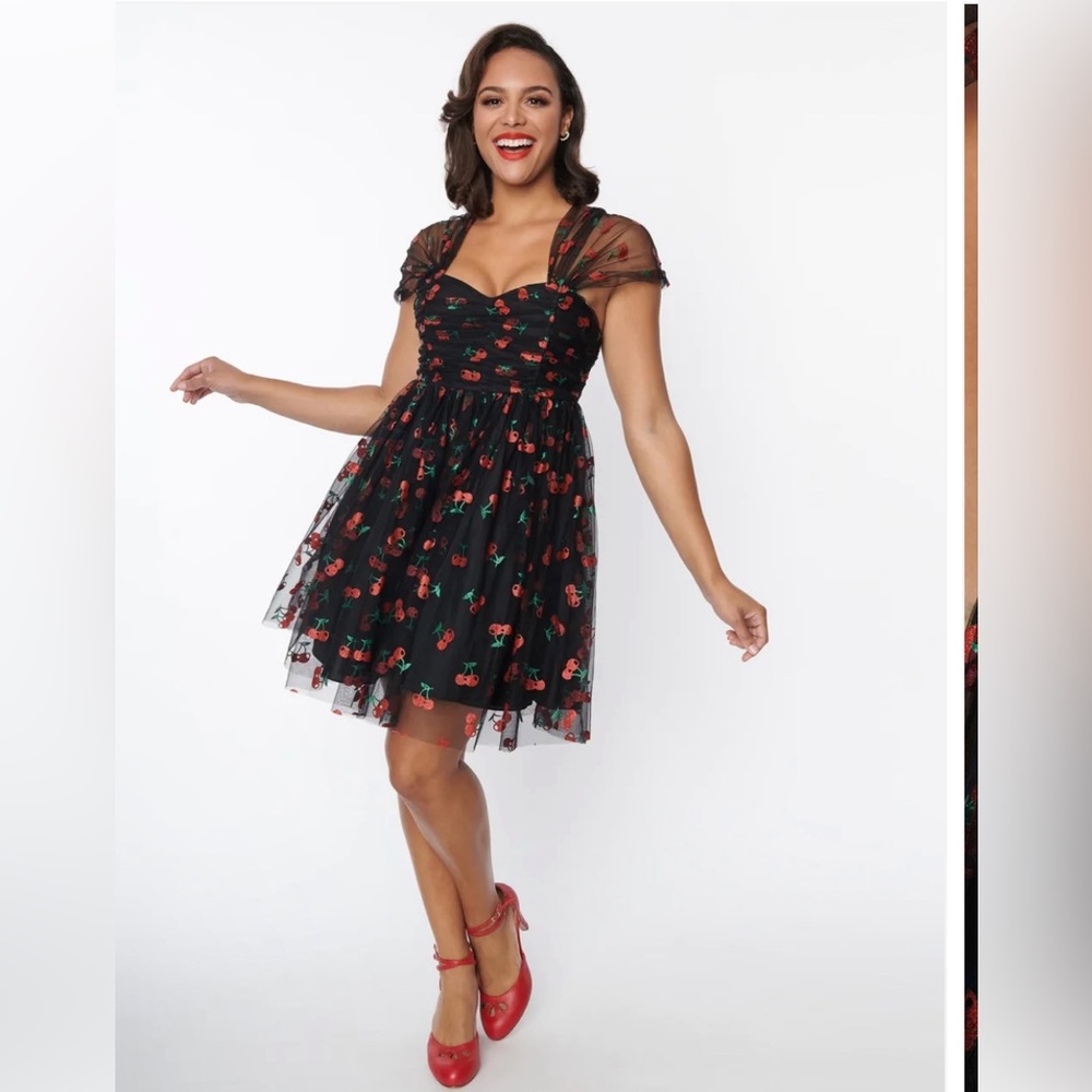 Unique Vintage Black & Glitter Cherry Print Heart & Soul Babydoll Dress
